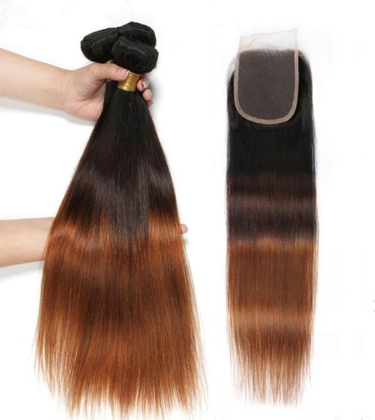 

1b430 medium auburn ombre straight human hair weaves with closure 3tone ombre peruvian virgin hair bundles with 4x4 front lace 2036366, Black;brown