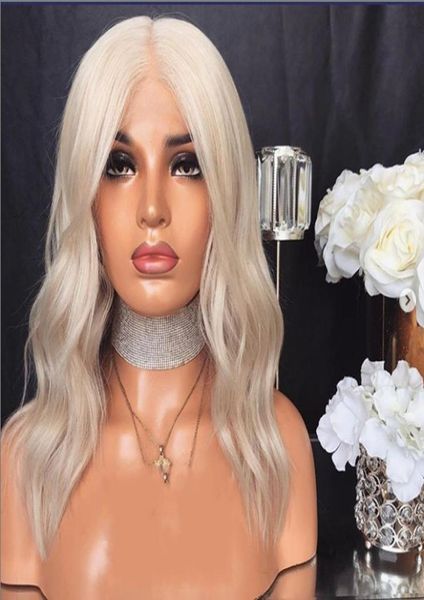 

150 density ash grey short bob wavy wig synthetic lace front wig light blonde middle part glueless heat resistant fiber wigs for 5014405, Black