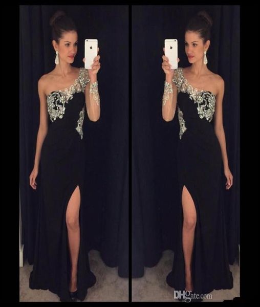 

one shoulder black evening dresses applique beaded long sleeve side split sheath chiffon formal prom party gowns vestidos de fiest6844856, Black;red