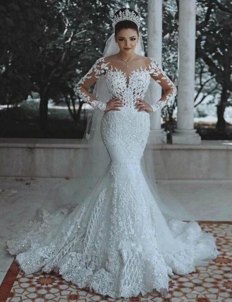 

luxury crystals beads long sleeves plus size wedding dress arabic mermaid illusion with lace appliques4157389, White