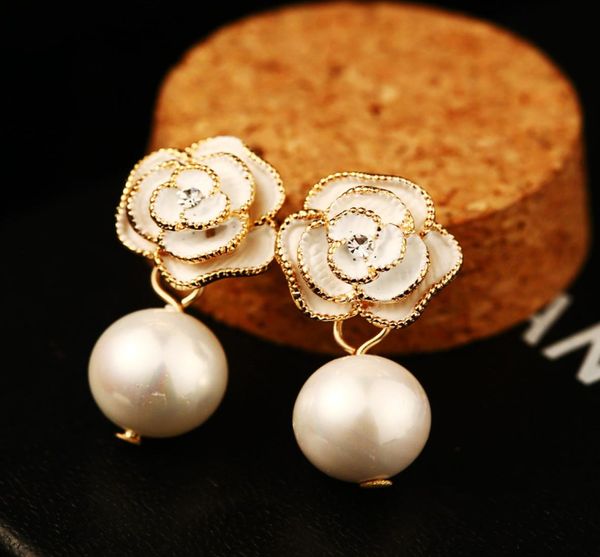 

fashion elegant camellia flower earrings drop wedding party accessories for women bridal rose gold pearl earrings stud4266908, Golden;silver