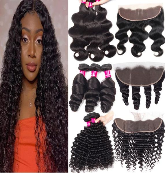

9a brazilian human hair bundles with frontal 13x4 ear to ear lace frontal closure 100 unprocessed deep wave curly loose wave hair8012345, Black;brown