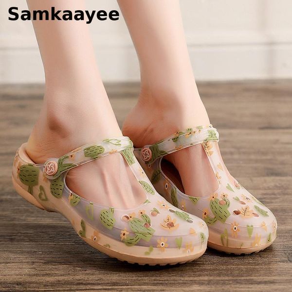 

size 36-39 womens sandals summer female clogs garden shoes mujer cactus print slippers slip-on breathable flats jelly zapatos 35, Black