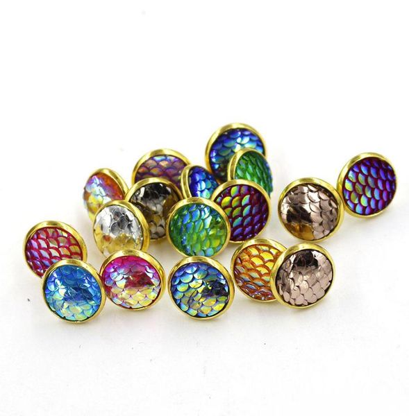 

fashion drusy druzy earrings gold plated 12mm round resin mermaid fishdragon scale stud earrings for women lady jewelry1974770, Golden;silver