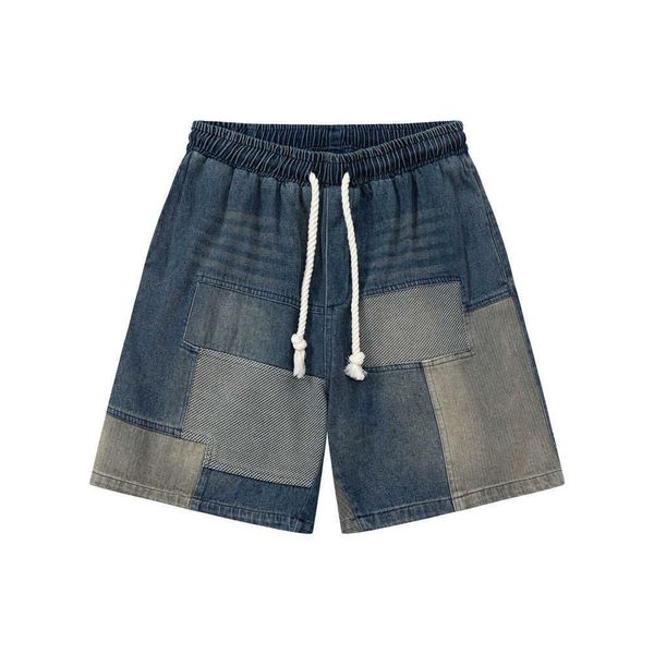 

2023 new american personalized spliced denim shorts designer men's fashion brand loose and worn wide leg casual capriscma5, Blue