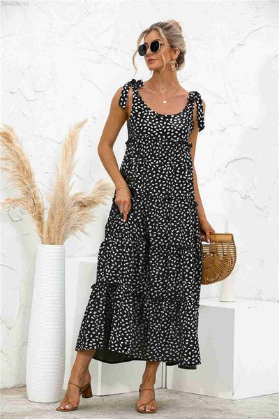 

casual dresses 2023 summer ladies dress european and american lace-up dot print paneled high-waisted u-neck, Black;gray
