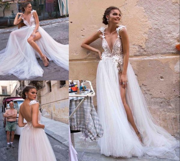 

berta bohemian backless wedding dresses appliqued a line deep v neck split side lace bridal gowns tulle vestido de novia8502968, White