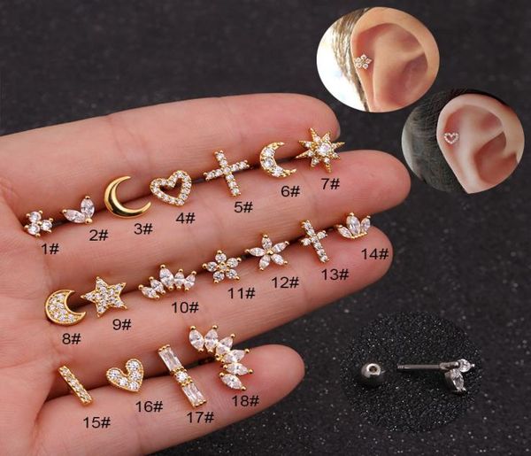 

floral star heart cross flower crown bar lage piercing stud helix jewelry tragus conch rook earlobe screw back earring5731430, Golden;silver