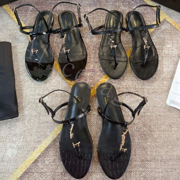

2023 luxury summer designer y logo sandals slippers brand classic sandals leather fashion shoes ladies slipper beach flat heel flip flops wi, Black