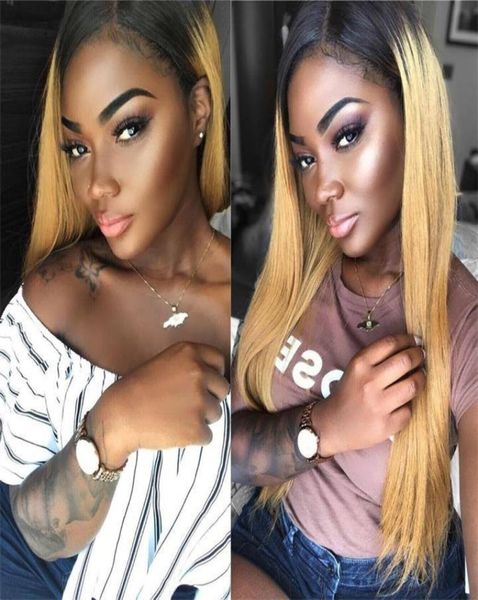 

brazilian ombre silky straight glueless full lace human hair wigs 1b 27 honey blonde two tone lace front wigs 130 density bleached4473289, Black;brown