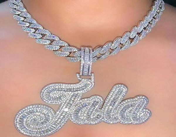 

custom name necklace brush script initial letter iced out white pink cz diamonds plate pendant tennis chain hiphop jewelry5608155, Silver