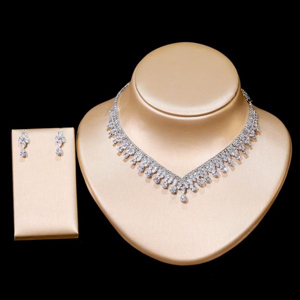 

new luxury zircon necklace and earrings 2 piece set female engagement jewelry set bridal jewelry wedding accessories4880783, White