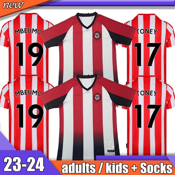 

toney 23 24 brentfords home soccer jerseys 2023 2024 mbeumo henry second red football shirts maillots de football thai quality jerseys de fu, Black;yellow