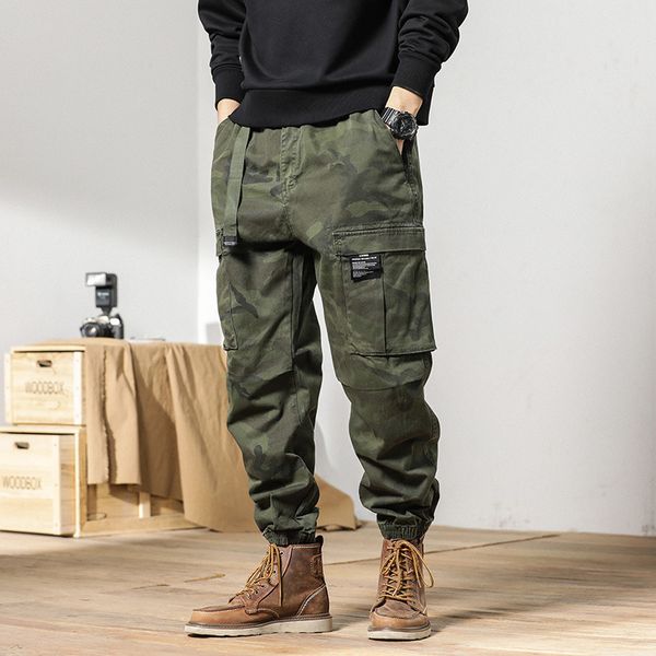 

men's designer cargo pant loose camouflage jogger man straight work trousers, Black