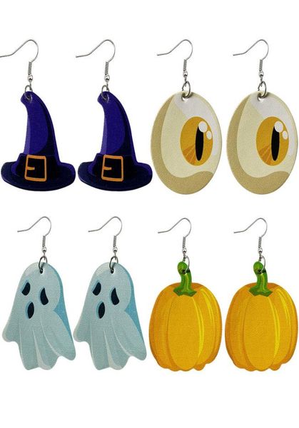 

2020 new halloween leather earrings for women water drop pumpkin ghost hand hat skull bat lantern doublesided printed dangle earr9599295, Silver