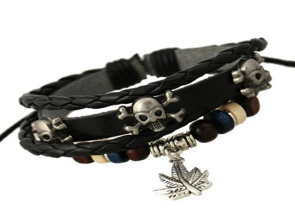 

newly charms bracelets fashion retro skull dangle leaf for men multilayer beaded leather bracelets bangles jewelry6034478, Golden;silver