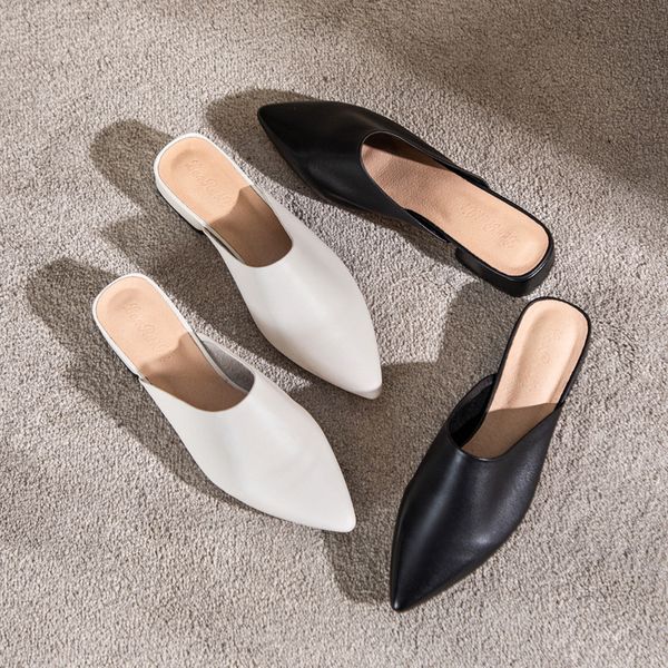 

2023 summer women cool thick heel slippers versatile high end cowhide women shoes casual outgoing fashion half trailer, Black