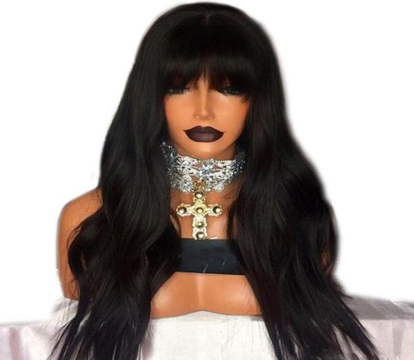 

stock long 180density simulation brazilian human hair wig natural wavy synthetic lace front wig with bangs for black women4329717