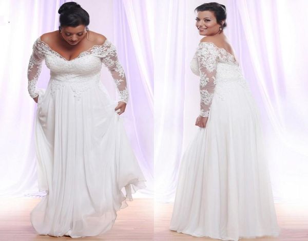 

long sleeves plus size wedding dresses with deep vneck applique beach country wedding gowns off the shoulder bridal gowns vestido6349985, White