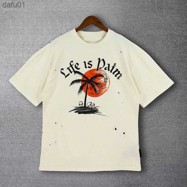 

2023 summer o-neck tshirt for men letter plant pattern t-shirt social club outfits tee shirt homme men beige summer l230520, White;black