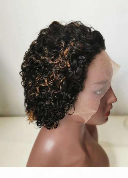 

colored 1b 27 pixie cut curly glueless human hair lace front wigs for black women 13x4 honey blonde highlight brazilian remy short3700256, Black;brown