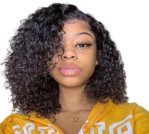 

curly 13x6 lace front human hair wigs with long part preplucked short bob wigs for women natural peruvian remy hair1397517, Black;brown