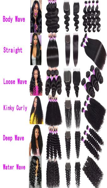 

9a brazilian human hair bundles with closure body wave loose wave curly hair extensions 3 bundles with 4x4 lace closure human hair5817329, Black