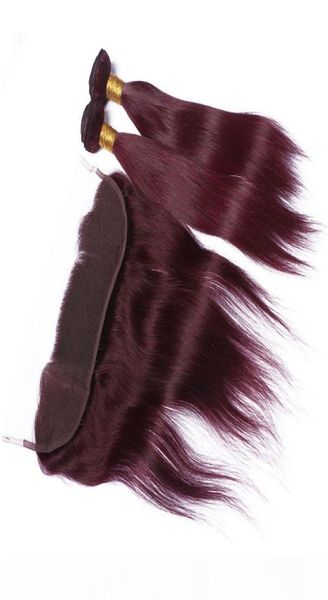 

peruvian wine red human hair 2bundles wefts with frontal straight 99j burgundy lace frontal closure 13x4 with virgin hair weaves3955252, Black