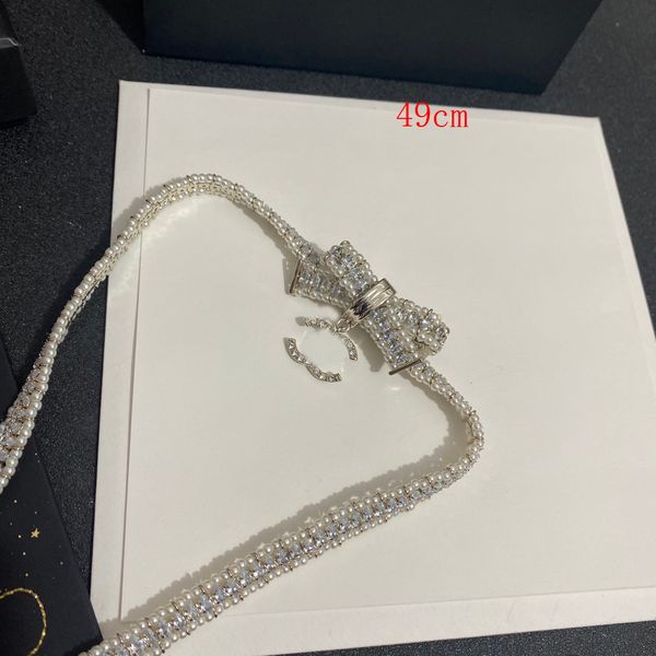 

high-end 18k gold plated brass copper pendant necklace women designer brand letter bowknot necklaces choker chain crystal imitation pearl we, Silver