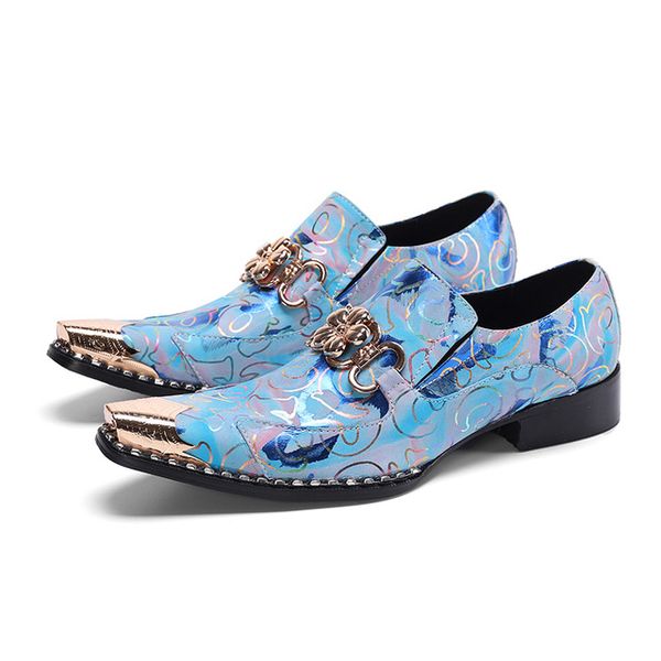 

pointed metal toe blue genuine leather dress shoes men brand new shoes men slip on oxfords party/wedding, Black