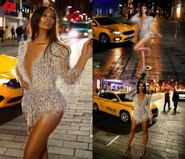 

new long sleeve 2022 cocktail dresses short deep v neck crystal beads prom dress see through mini evening gowns4951255, Black