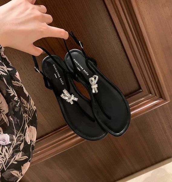 

second-haired su yinyin sparkling star river~g * rhinestone buckle real leather clip toe thick heel sandals women's flat sole, Black