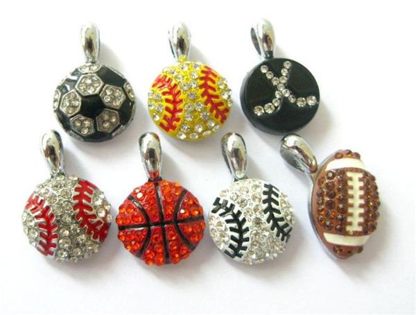 

10pcs mix styles base basket football softball with rhinestone hang pendant charms 15x15mm fit diy braceletnecklace key chainph7758208, Bronze;silver