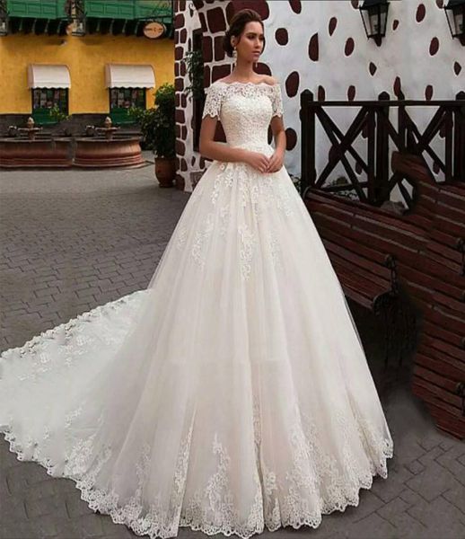 

2021 vintage white lace wedding dresses ball gown off the shoulder boat neck short sleeves bridal gowns vestido de novia marriage 2456466