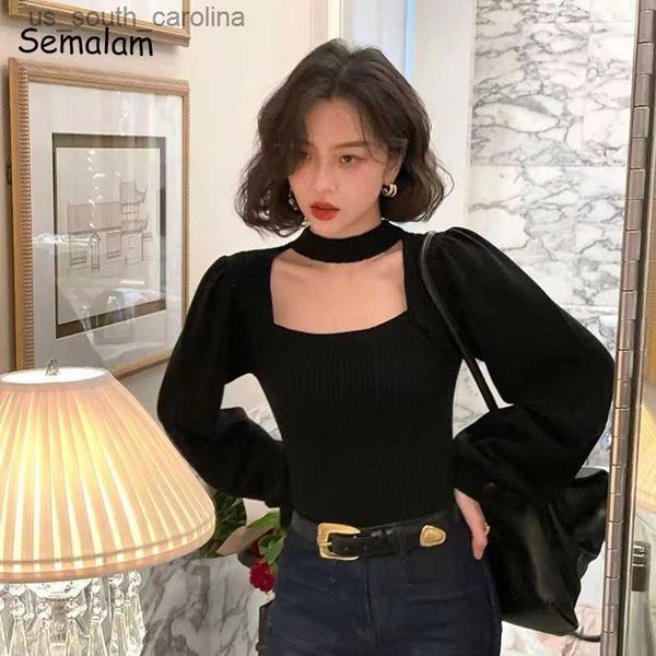 

square collar vintage lantern sleeve halter inside elegant chic sweater lady skinny slim korean autumn winter l230522, White