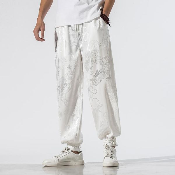 

pants spring beam foot dark floral pattern dragon design men harem pants japanese casual cotton linen trouser man jogger pants chi, Black