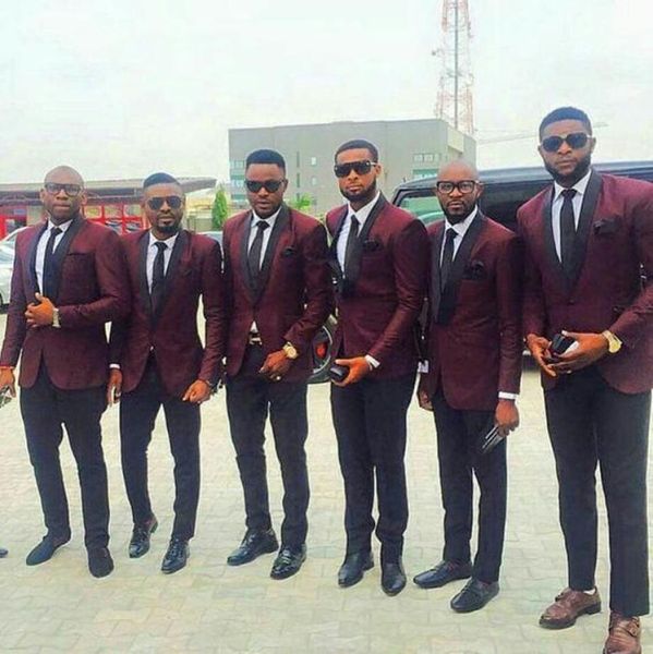 

latest burgundy men suits groom wedding tuxedo black pants blazers jacket double breast groomsmen outfits 2piece slim fit terno ma4149244, Black;gray