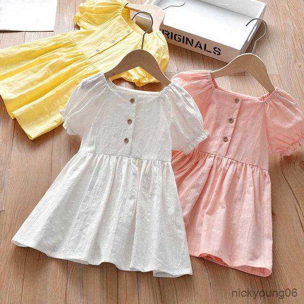 

girl's dresses girls cotton and linen dress summer new style children's casual solid color button sleeve princess wt034 r230607, Red;yellow