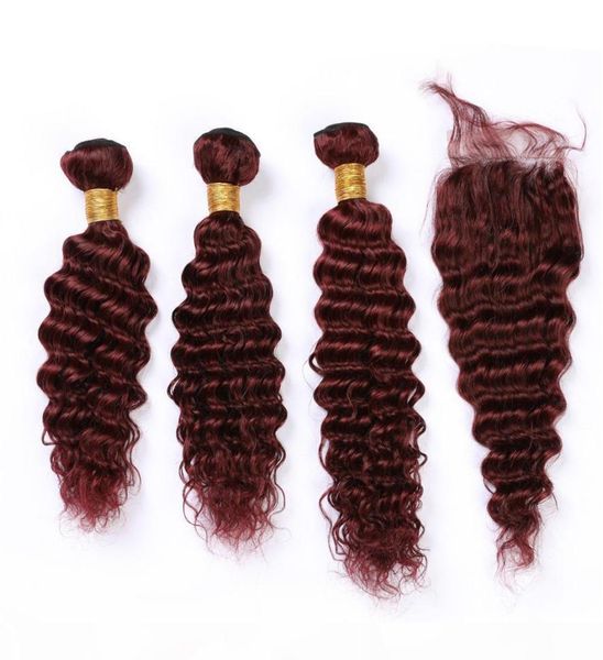 

99j wine red malaysian deep wave human hair 3 bundles and closure burgundy red weaves deep wave curly virgin hair extensions with8595947, Black;brown