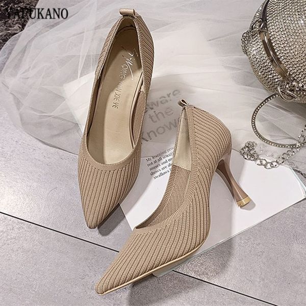 

fashion knitted breathable women pumps 2023 new pointed toe high heels lady shoes wild comfortable thin heel office work shoes, Black
