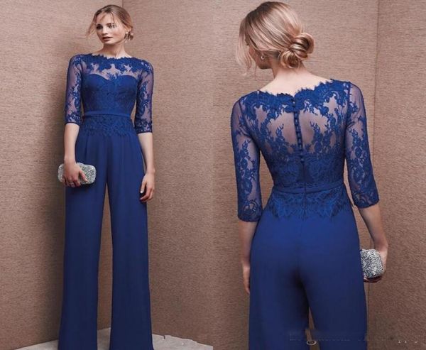 

2017 plus size royal blue pant suit evening dress with lace sleeve mother jumpsuit chiffon cocktail party mother of bride dress cu9826641, Black;red