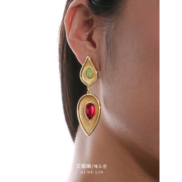 

medieval style leaf crystal earrings with light and advanced sense red water droplet earrings with gold plated small design earrings, Golden