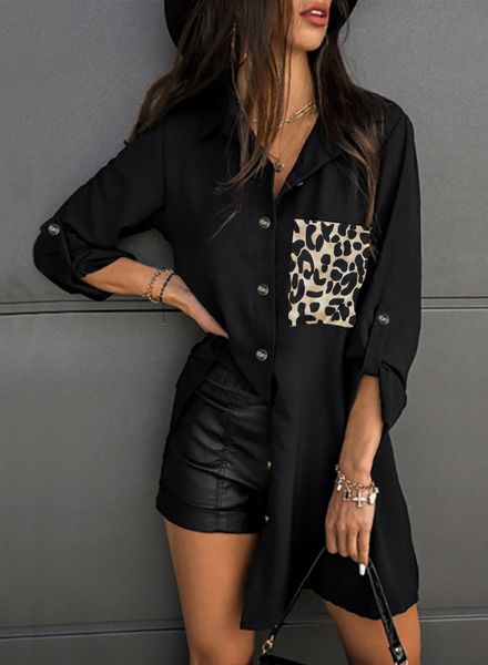 

new arrival black cheetah print pocket button up shirt dresses women casual, White