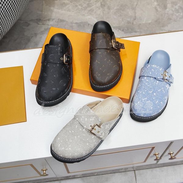 

designer slipper scuff flat mules cosy women men luxury calfskin sandals slipper clogs denim letter printing casual shoes platform flip flop, Black