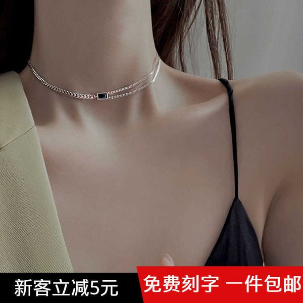 

silver thick and thin splicing double-layer chain square black diamond necklace men and women street trend simple personality clavicle chain