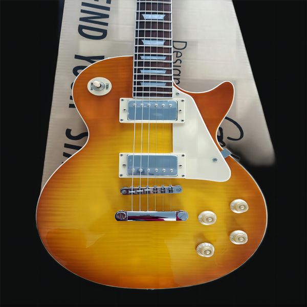 

premium electric guitar, mahogany, honey red orange gradient tiger pattern, spot, packaging254