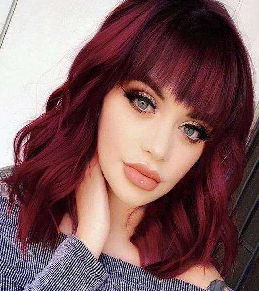

bob curly wig synthetic short wine red wig with bangs natural looking heat resistant fiber hair for women3675733, Black
