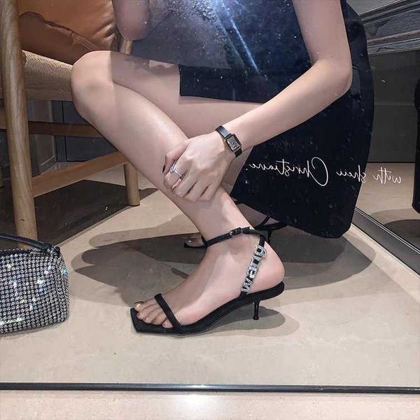 

dawang high rhinestone letter one word buckle aw sandals spring/summer 2023 new black square headed slim heels women's shoes
