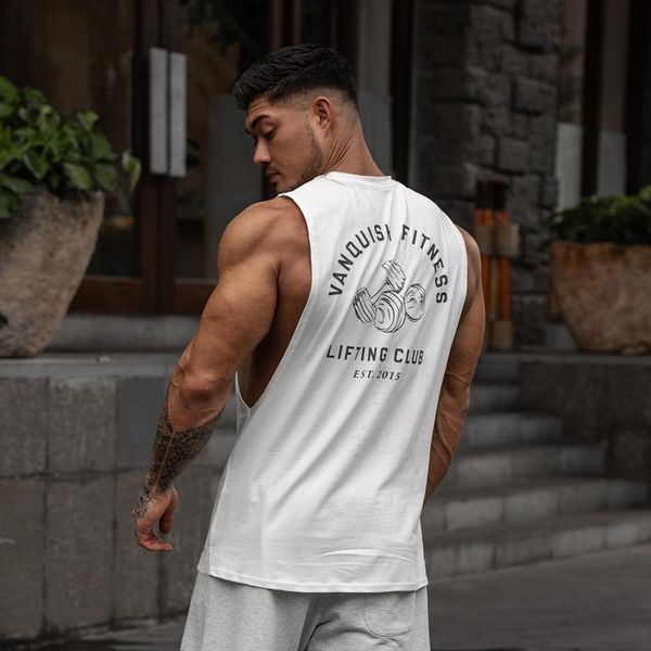 

men vest joggers sports fitness sleeveless t-shirt fashion casual men' clothing cotton crew neck running training tank, White;black