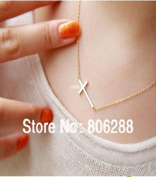 

2013new lady horizontal sideways cross 14k gold plated pendant necklace3474554, Silver